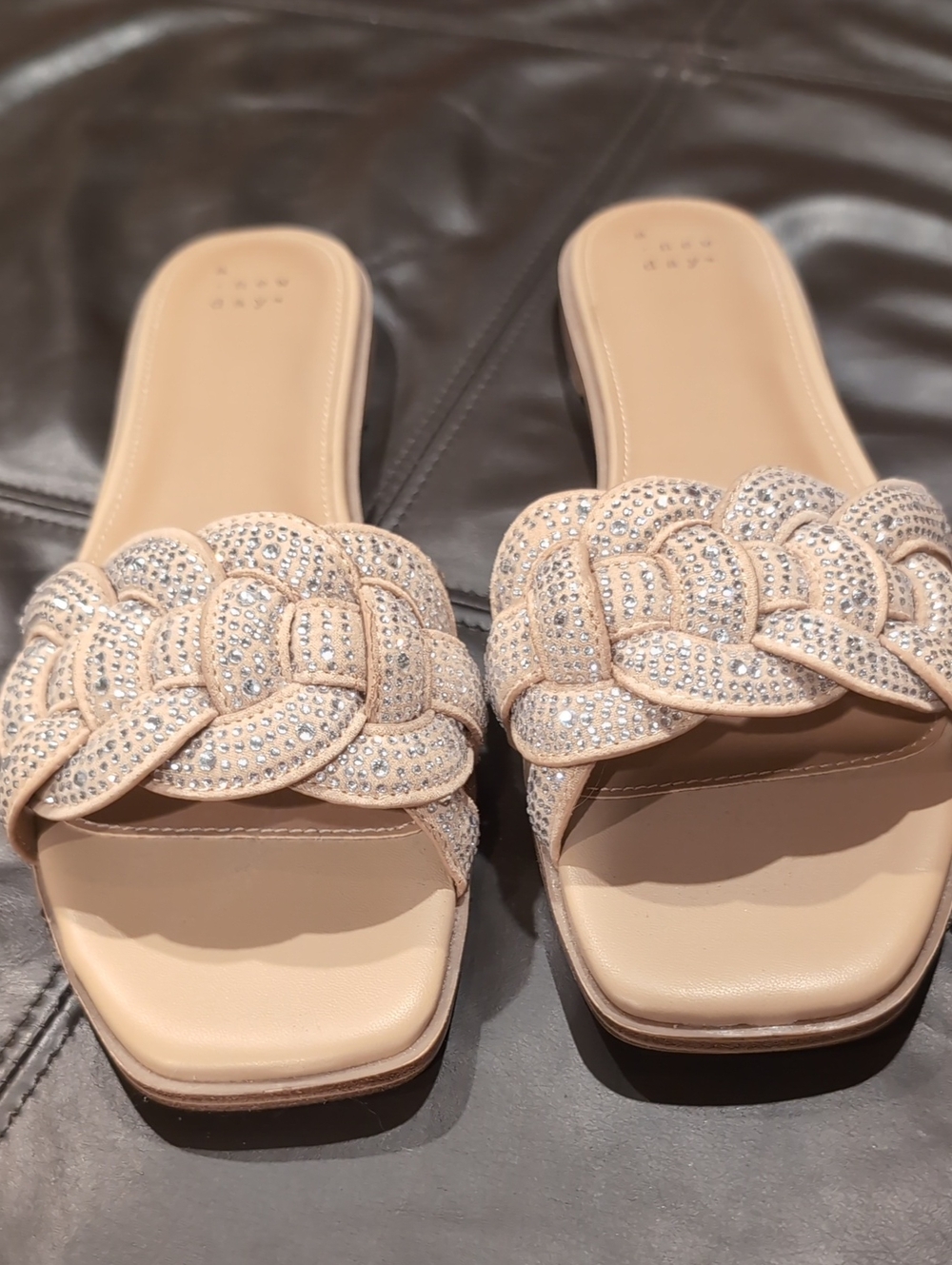 a new day Beige Braided Crystal Slide Sandals